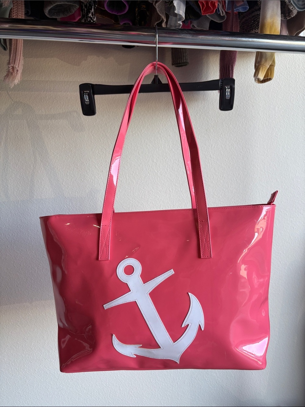 Lolo Glossy Pink Tote Bag with white Anchor 12" x 16" Great Pool or beach bag!
